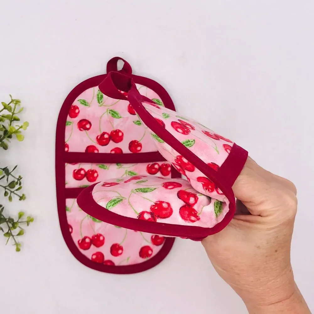 Set of 2 Finger Hotpad Potholders, Cherries Pink Red, 2 Piece Set